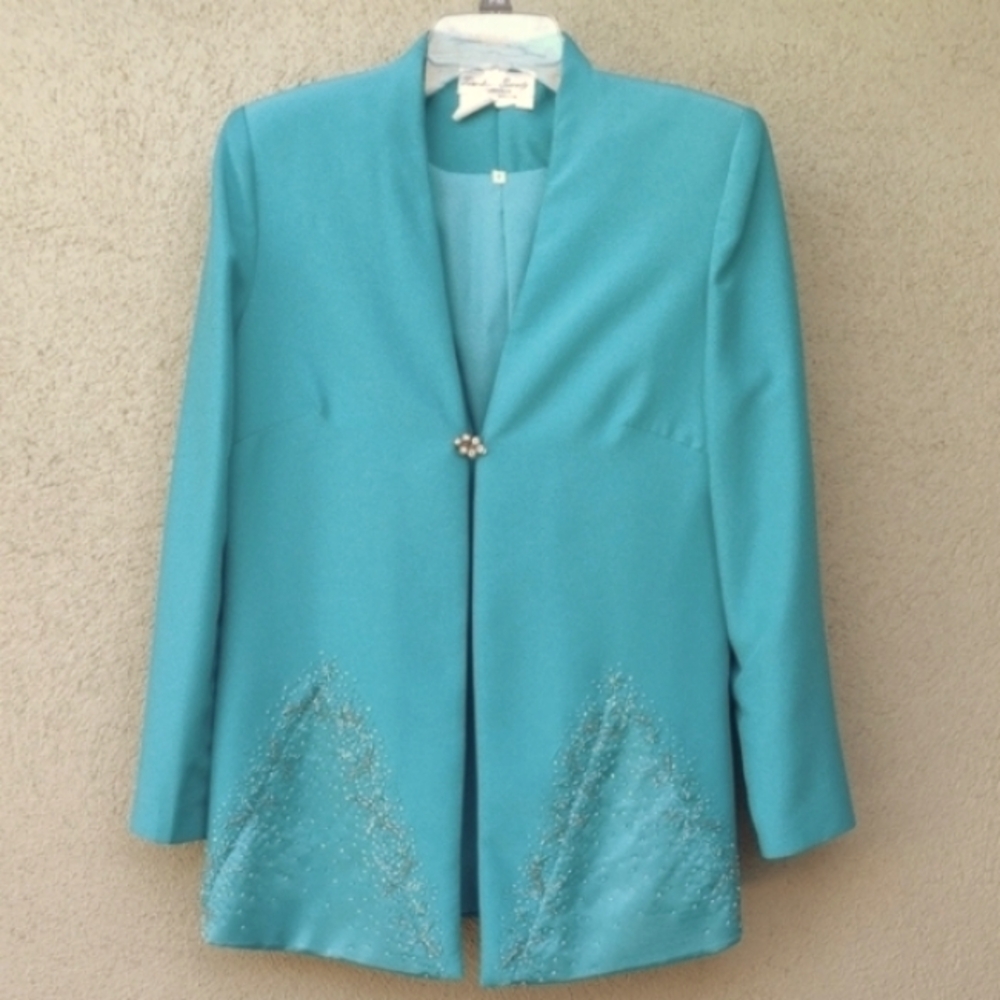 Timeless Beauty Turquoise Beaded Collarless Blazer Jacket Women's 6